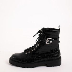Black faux leather rock boots